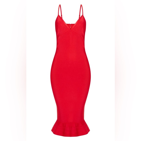 Pretty Little Thing Red Bandage Strappy Frill Hem Midi Dress - Picture 4 of 5